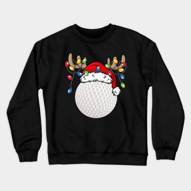 Golf Ball With Santa Hat Reindeer Antlers Christmas Lights Crewneck Sweatshirt by Kimko